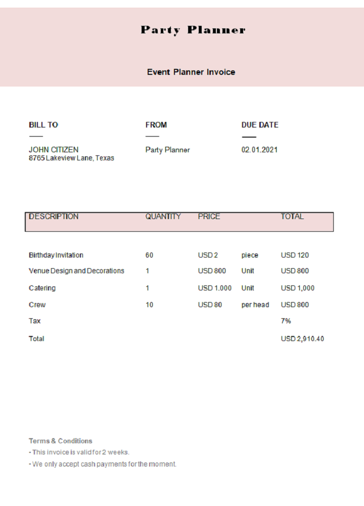 USA Party Planner invoice PSD template